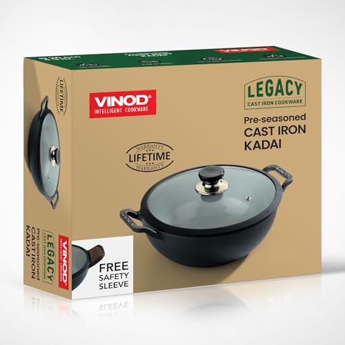 Vinod Legacy Pre-Seasoned Cast Iron Kadai with Lid 4.3 L Capacity (26 cm Diameter) - Induction and Gas Stove Friendly, Black - Image 2