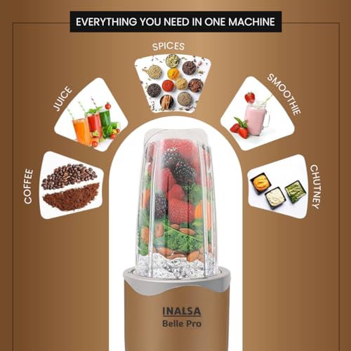 INALSA Bullet Mixer Grinder|5 Jar include 2 Storage Jar For Smothies,Coffee,Dry fruits & Wet Grinding|600 W, Copper Motor|3 Blades Including Froth Blade with 2 Sipper & 1 Seasoning Cap|2 Yr Warranty - Image 4