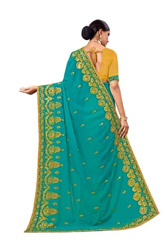 Radhe Radhey Women's New Net Embridered Sari With Unstitched Blouse (Free Size) (Firozi) - Image 3