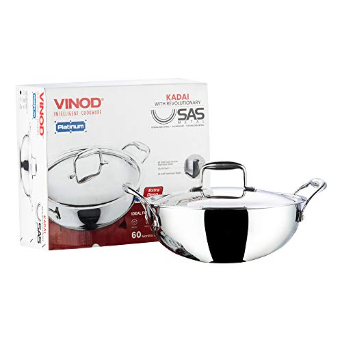 Vinod Platinum Triply Stainless Steel Extra Deep Kadai with Stainless Steel Lid 3.2 litres (24 cm Diameter) Silver (Induction and Gas Stove Friendly) - Image 3