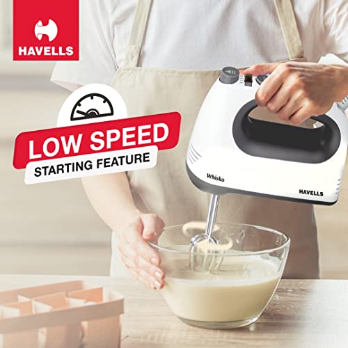 Havells Whisko 300 watt Hand Mixer with Single Eject Button, 5 Speed Turbo Function, Stainless Steel Hooks, 1.5m Long Cord, 1300 RPM & 2 Years Warranty (White Grey) - Image 10