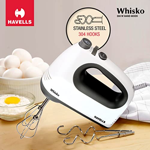 Havells Whisko 300 watt Hand Mixer with Single Eject Button, 5 Speed Turbo Function, Stainless Steel Hooks, 1.5m Long Cord, 1300 RPM & 2 Years Warranty (White Grey) - Image 9