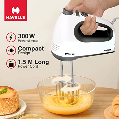 Havells Whisko 300 watt Hand Mixer with Single Eject Button, 5 Speed Turbo Function, Stainless Steel Hooks, 1.5m Long Cord, 1300 RPM & 2 Years Warranty (White Grey) - Image 12