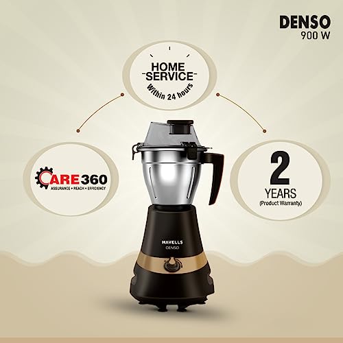 Havells Denso Heavy Duty 900 Watts 3 Jar Mixer Grinder, Ball Bearing Copper Motor, 21000 RPM, Large Size Break Resistant Alluminium Collar Jars with Flow Breaker, 5Years Motor Warranty (Dark Brown) - Image 2