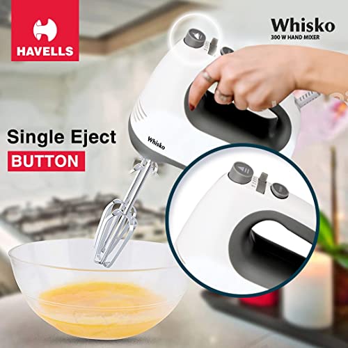 Havells Whisko 300 watt Hand Mixer with Single Eject Button, 5 Speed Turbo Function, Stainless Steel Hooks, 1.5m Long Cord, 1300 RPM & 2 Years Warranty (White Grey) - Image 11