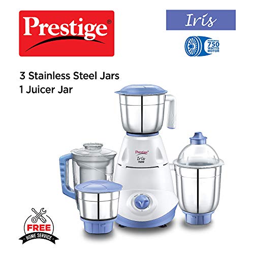 Prestige Iris 750 Watt Mixer Grinder with 3 Stainless Steel Jar + 1 Juicer Jar (White and Blue) - Image 5