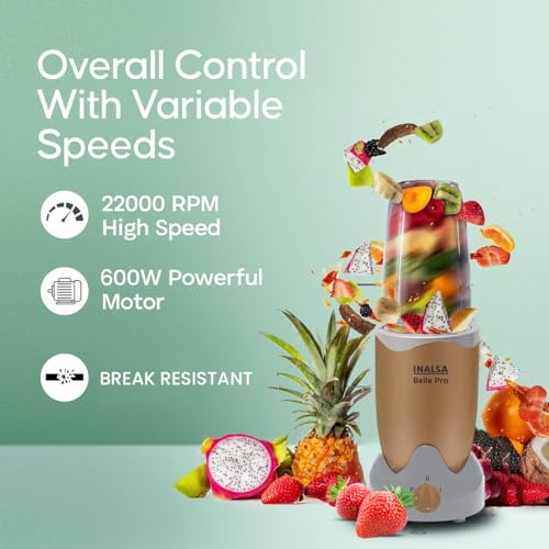 INALSA Bullet Mixer Grinder|5 Jar include 2 Storage Jar For Smothies,Coffee,Dry fruits & Wet Grinding|600 W, Copper Motor|3 Blades Including Froth Blade with 2 Sipper & 1 Seasoning Cap|2 Yr Warranty - Image 7
