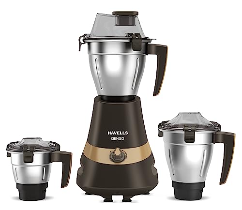 Havells Denso Heavy Duty 900 Watts 3 Jar Mixer Grinder, Ball Bearing Copper Motor, 21000 RPM, Large Size Break Resistant Alluminium Collar Jars with Flow Breaker, 5Years Motor Warranty (Dark Brown)