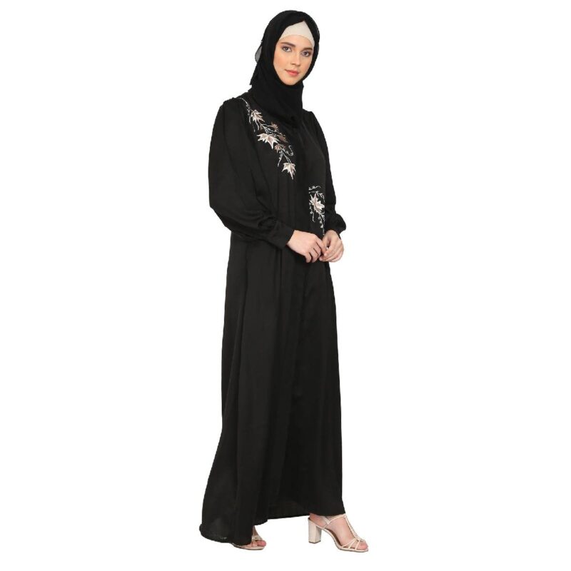 BT - Being Traditional Women’s Front Open Embroidery Abaya in Dubai Nida Fabric with Long Cuff Sleeves & Side Pocket (BT-EFOA-001) (L, Black) - Image 6