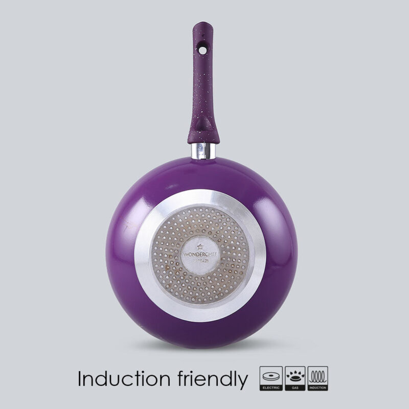 Granite Non-Stick Wok | Glass Lid | Induction Bottom | Soft-Touch Handles | Virgin Aluminium | PFOA and Heavy Metals Free | 3.5mm Thick| 24cm, 2.7 litres | 2 Year Warranty | Purple - Image 4
