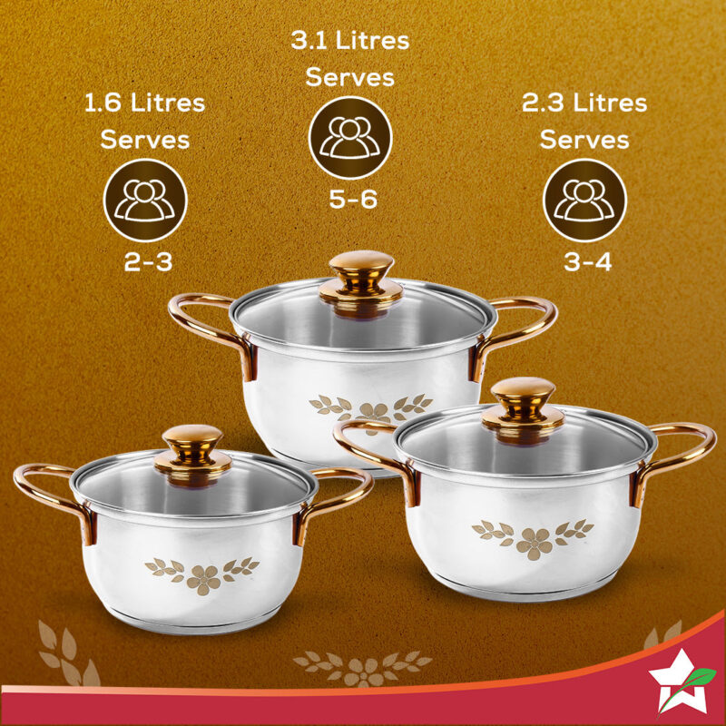Gold Stanton Stainless Steel 3 piece Casserole Set with Glass Lid | Golden knobs and handles | Induction & Gas Stove friendly | Set of 3 (1.6L, 2.3L, 3.1L) | 1 Year Warranty - Image 3