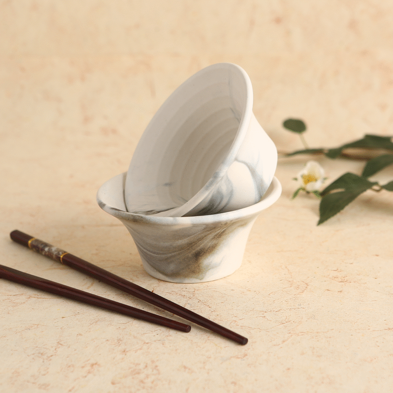 Teramo Stoneware Japanese Bowl 210 ml - Marble White (Set of 2) - Image 3