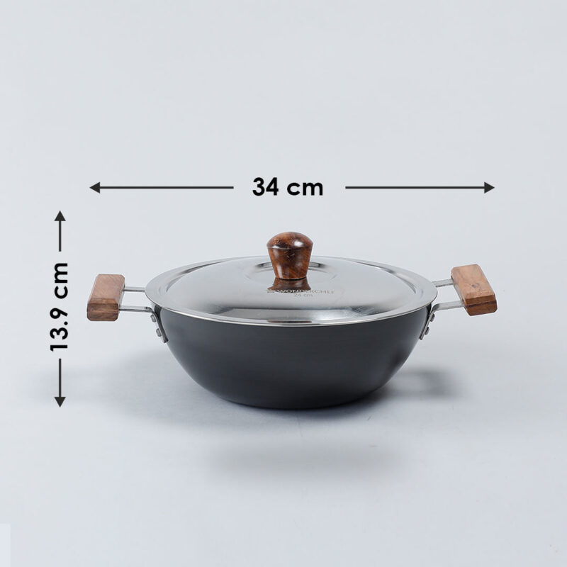Ebony Hard Anodized 24 cm Wok with Lid 2.7 L | Ideal for Biryani, Pulao | Black - Image 3