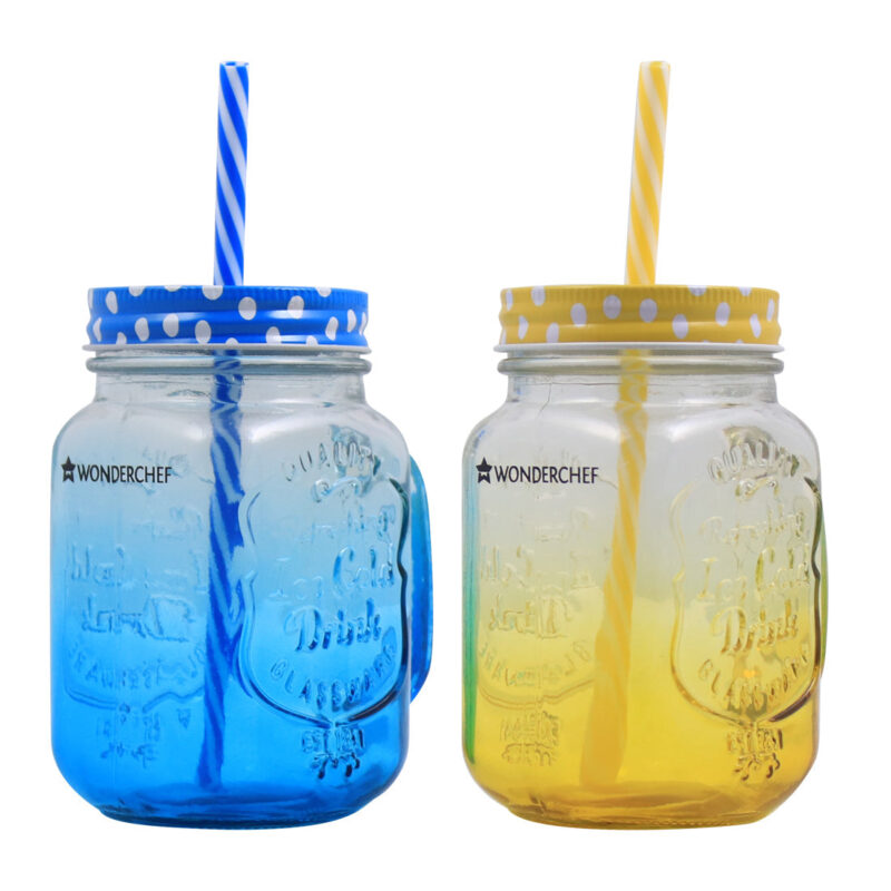 Mason Jar Set 450Ml (Yellow And Blue) - Image 3