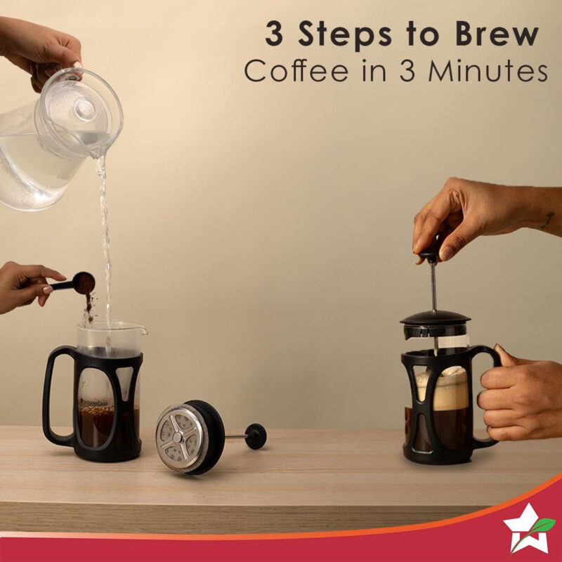 French Press Coffee & Tea Maker 600 ml | Premium Heat Resistant Borosilicate Glass Carafe in SS Housing | 4 Level Filtration System | SS Plunger with Mesh |  3-4 Cups of Coffee | Brews in Just 3 Minutes | Black | 1 Year Warranty - Image 3