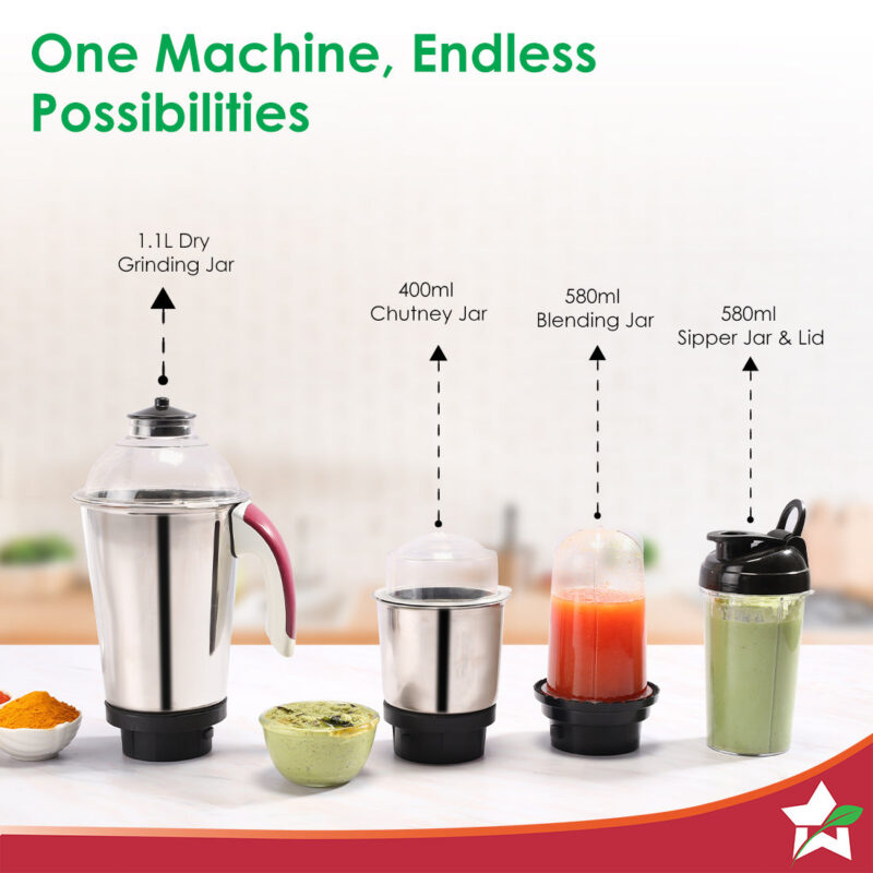 Acura Plus Mixer Grinder | 750W | 4 Jars for Blending, Dry Masala Grinding, Chutney Grinding, Smoothie | Sharp Stainless-Steel Blades | Grind Tough Ingredients | 5-Year Warranty on Motor - Image 3