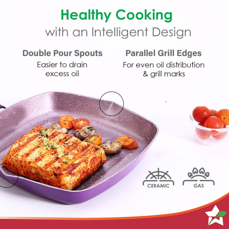 Royal Velvet 24cm Grill Pan | Soft-touch handles |Non – Toxic I Virgin Aluminium| 3 mm thick | 2 year warranty | Purple - Image 3