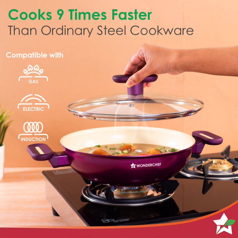 Bellagio Kadhai with Lid | Non-Stick Ceramic Coating | Non-Toxic | Pure Aluminium | PFAS and PFOA Free | 3mm Thickness | Two-Tone Soft-Touch Handles and Knob | Firm Grip | 2 Years Warranty - Image 3