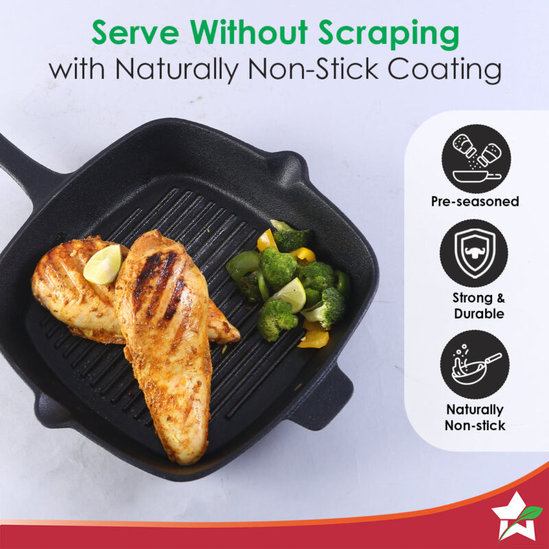 Forza Cast-iron 26 cm Grill Pan, Pre-Seasoned Cookware, Induction Friendly, 3.8 mm - Image 4