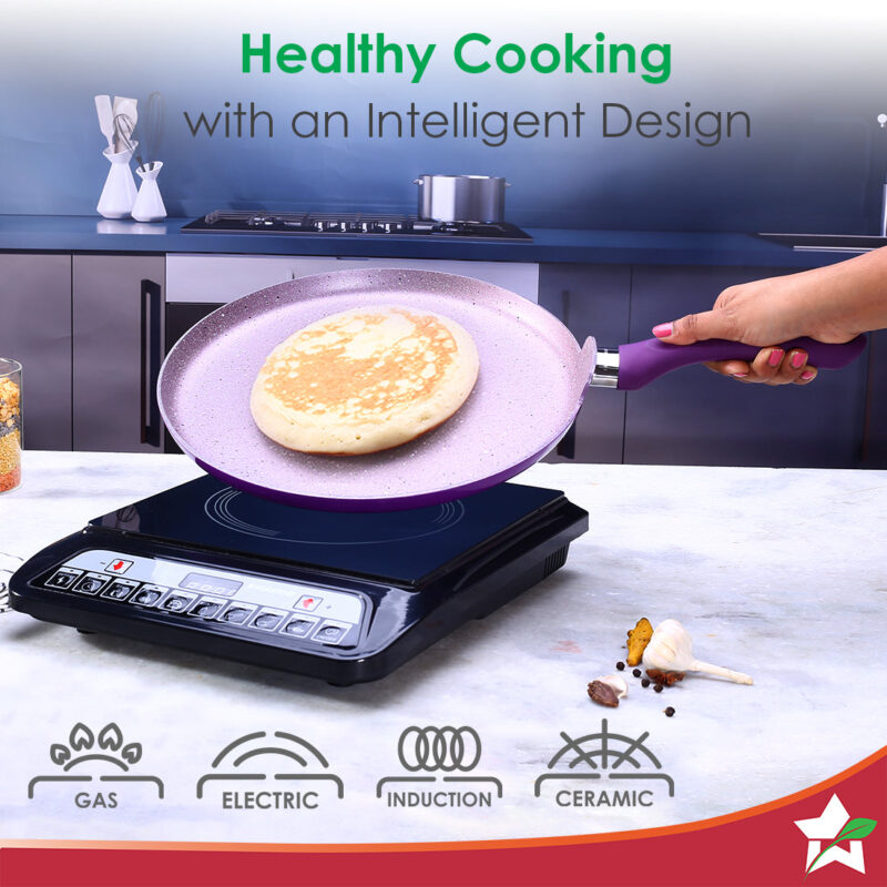 Royal Velvet Non-stick 28cm Dosa Tawa I Induction Ready | Soft-touch handles |Non – Toxic I Virgin Aluminium| 3 mm thick | 1.8 litres | 2 year warranty | Purple - Image 3