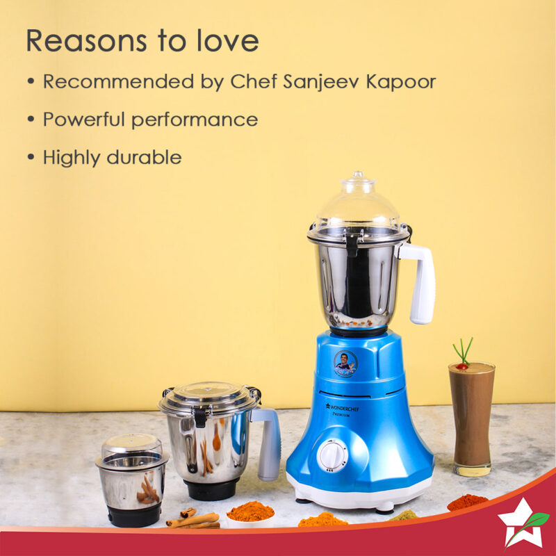Premium Mixer Grinder, 750W With 3 Thicker Steel Jars, Die-cast Jar Base, Sharp Blade, 5 Years Warranty on Motor, Blue - Image 3