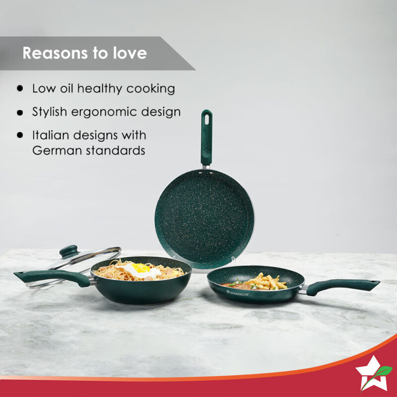 Royal Velvet Plus Non-stick Cookware Set, 4Pc (Wok with Lid, Fry Pan, Dosa Tawa), Induction Bottom, Soft Touch Handle, Pure Grade Aluminium, PFOA Free, 2 Years Warranty,  Olive Green - Image 3