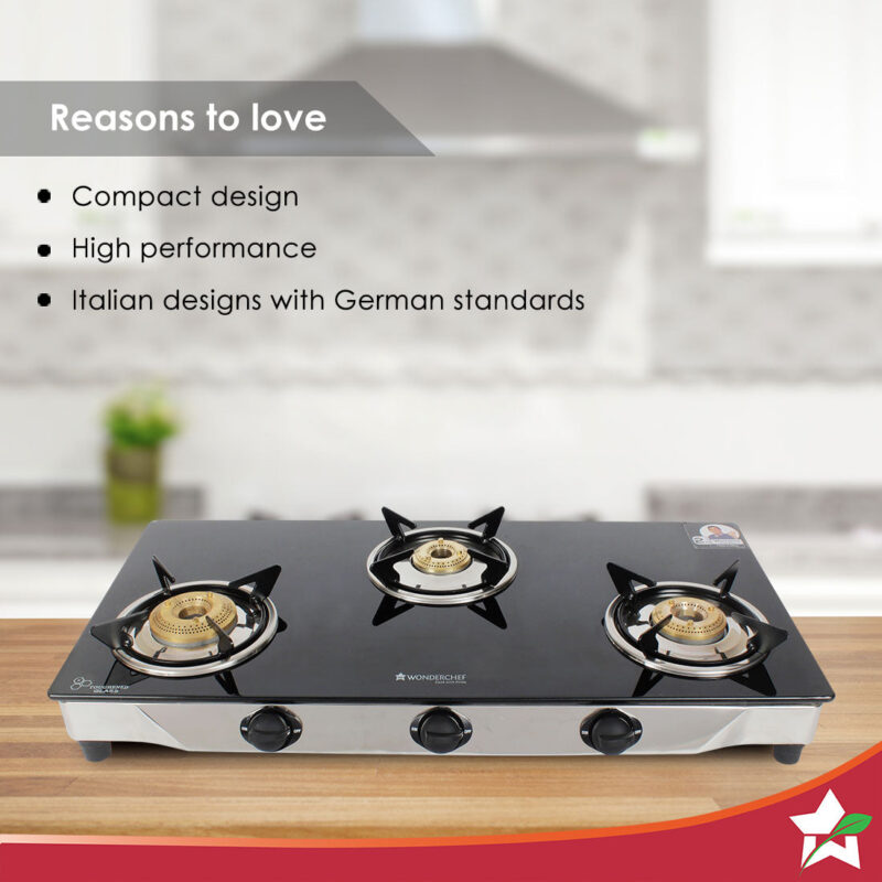 Energy 3 Burner Glass Cooktop, Black 8mm Toughened Glass  with 1 Year Warranty, Soft Touch Knobs, Efficient Brass Burners, Stainless Steel Double Drip Tray - Image 2