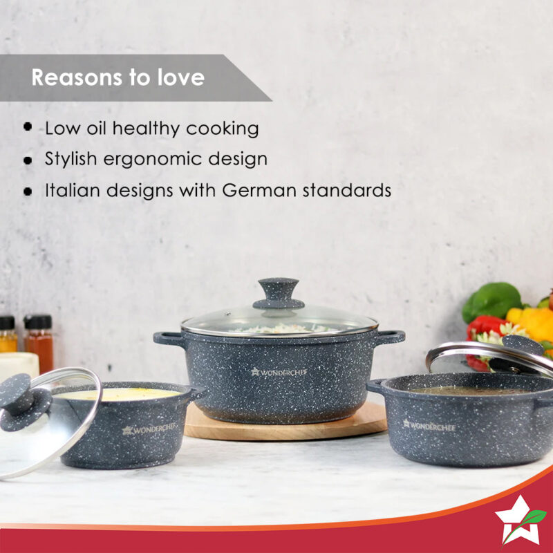 Granite Die-Cast Non-stick Casserole Set, 6Pc (16cm, 20cm, 24cm) Induction Bottom, Soft-touch Handles, Virgin Grade Aluminium, PFOA/Heavy metals free, 3.5mm, 2 years warranty, Black - Image 3