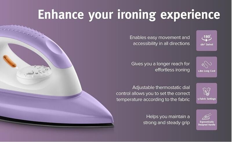 USHA EI Armor 1100 Watts Dry Iron Plastic With Black Weilburger Soleplate (Purple), 1100 Watt - Image 4
