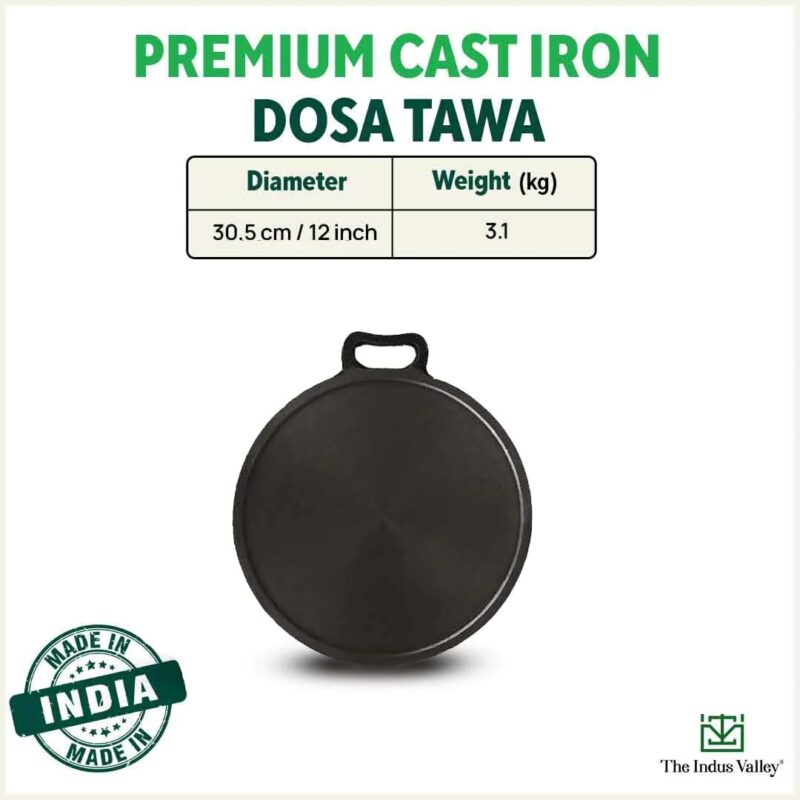 The Indus Valley Super Smooth Cast Iron Tawa for Dosa/Chapathi + Free Spatula | 30.5cm/12 inch, 3kg | Induction Friendly | Naturally Nonstick, Pre-Seasoned Tawa, 100% Pure & Toxin-Free - Image 9