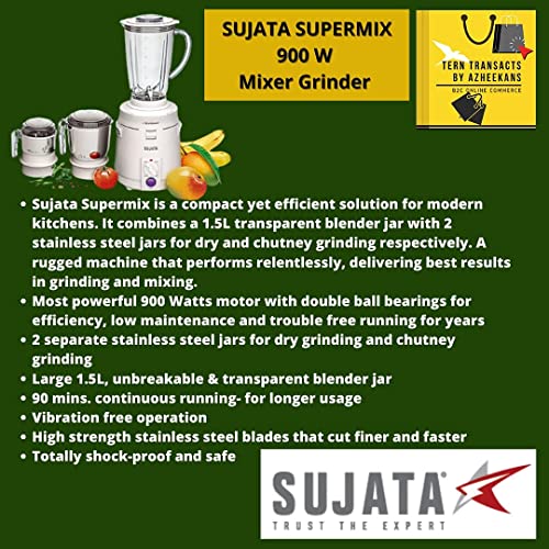 Sujata Supermix, Mixer Grinder, 900 Watts, 3 Jars (White) - Image 3