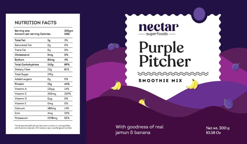 Nectar Superfoods Freeze Dried PURPLE PITCHER Smoothie Mix Powder | 20 Servings | 300 Gram Pack | Black Jamun & Banana | Healthy Shakes with 100% Natural Fruit- Veggies | No refined Sugar Added | No Preservatives | Vegan | Gluten Free | Convenient & Healt - Image 5
