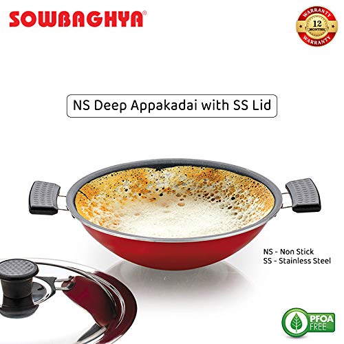 SOWBAGHYA Non Stick Aluminium Deep Appakadai - Red - Appam Maker Non Stick with Lid - Appam Chatty Non Stick - Appachatti - Appam Kadai - Ideal for Indian Cooking (Aluminium, 2.6 mm Thickness) - Image 6