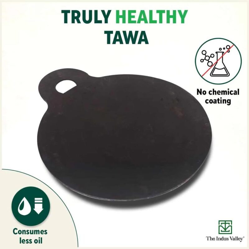 The Indus Valley Pre-Seasoned Iron Tawa with Wooden Spatula & Flip for Dosa/Chapathi | 28cm/11 inch, 1.5kg | Gas Compatible | 100% Pure & Toxin-Free, No Chemical Coating - Image 9
