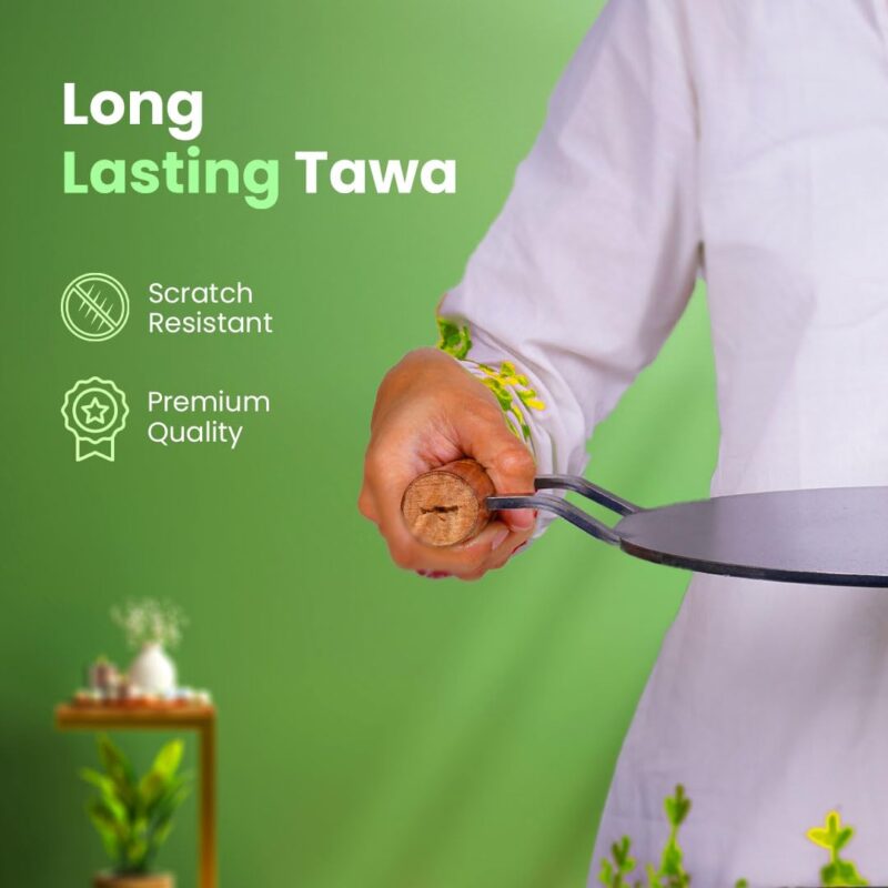 The Indus Valley Pre-Seasoned Round Iron Tawa with Wooden Handle | 12inch/30.4cm - 3.22kg | Induction Friendly | Pre-Seasoned Tawa, 100% Pure & Toxin-Free, No Chemical Coating - Image 4