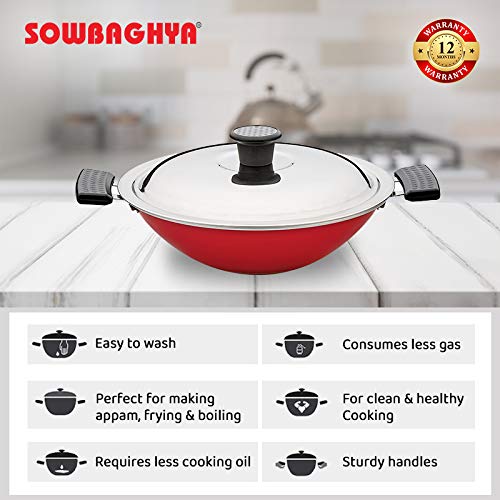 SOWBAGHYA Non Stick Aluminium Deep Appakadai - Red - Appam Maker Non Stick with Lid - Appam Chatty Non Stick - Appachatti - Appam Kadai - Ideal for Indian Cooking (Aluminium, 2.6 mm Thickness) - Image 2