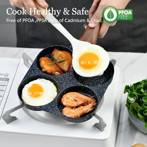 Dream Corporate World 4 Cups Egg Pan Omelette Pan Frying Pan Egg Frying Pan 4 Cup Crepe Pan Granite Egg Cooker Breakfast Pancakes Pan Suitable for Gas Stove & Induction Cookware (Wood Grain Handle) - Image 4