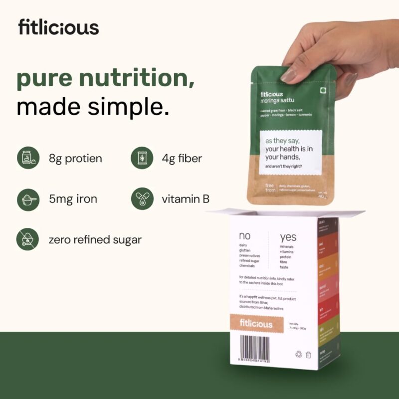 Fitlicious Sattu Powder - Gluten-Free Roasted Gram Flour, Moringa Sattu Fiber-Rich Sattu Drink Powder (Pack of 7, 40g Each) - Image 4