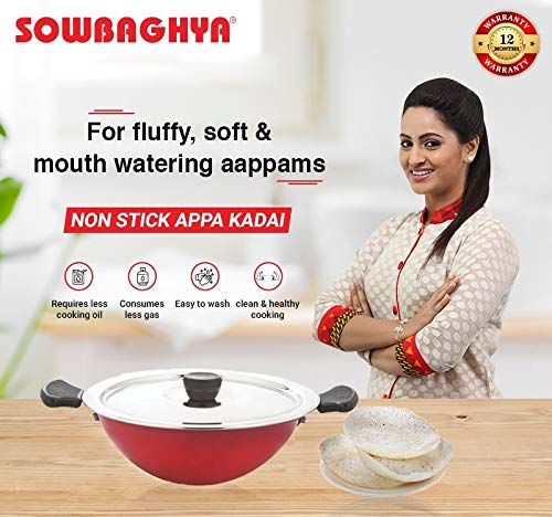 SOWBAGHYA Non Stick Aluminium Deep Appakadai - Red - Appam Maker Non Stick with Lid - Appam Chatty Non Stick - Appachatti - Appam Kadai - Ideal for Indian Cooking (Aluminium, 2.6 mm Thickness) - Image 3