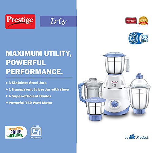 Prestige Iris 750 Watt Mixer Grinder with 3 Stainless Steel Jar + 1 Juicer Jar (White and Blue) - Image 4