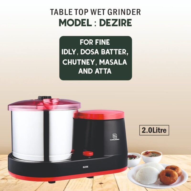 VIJAYALAKSHMI | Dezire 2 Litre | Heavy ABS Body Wet Grinder, 2L (Black & Red) | with Coconut Scrapper & Atta Kneader Attachment. - Image 6