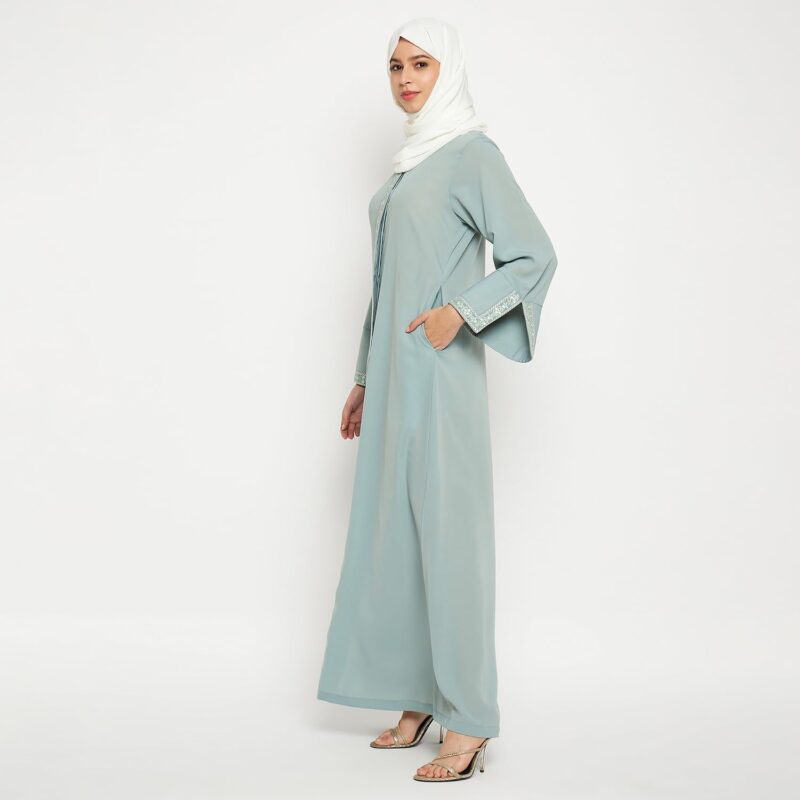 Nabia Embroidery Work Solid Women Sea Green Abaya Burqa With Side Pockets - Image 7