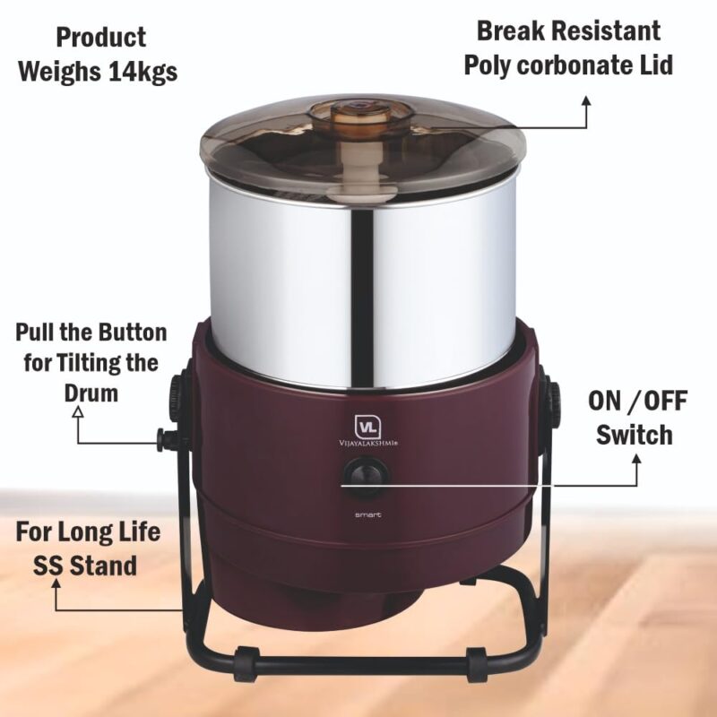 VIJAYALAKSHMI | Smart 2 Litre | Heavy ABS Body with Metal Stand Wet Grinder, 2L (Maroon) | with Coconut Scrapper & Atta Kneader Attachment. - Image 2