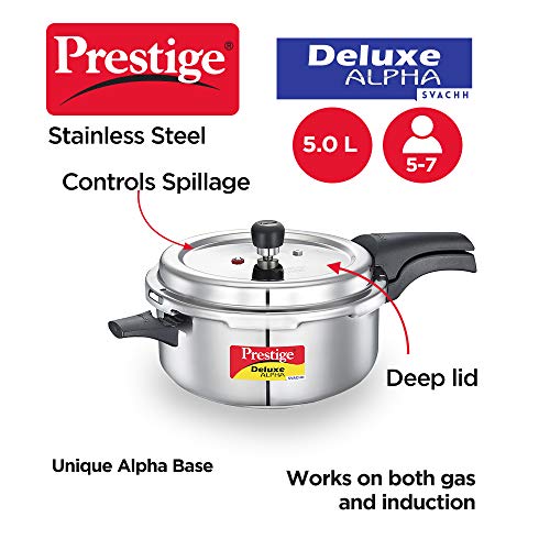 Prestige 5L Deluxe Alpha Svachh stainless steel Pressure Cooker|Outer lid|Ideal for 5-7 persons|Deep lid for spillage control|Gas & induction compatible|Silver - Image 6