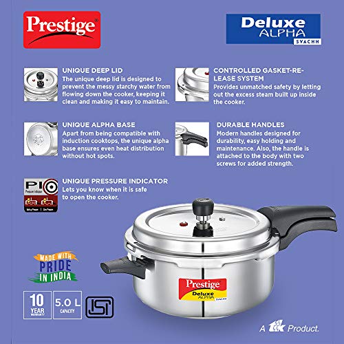 Prestige 5L Deluxe Alpha Svachh stainless steel Pressure Cooker|Outer lid|Ideal for 5-7 persons|Deep lid for spillage control|Gas & induction compatible|Silver - Image 4