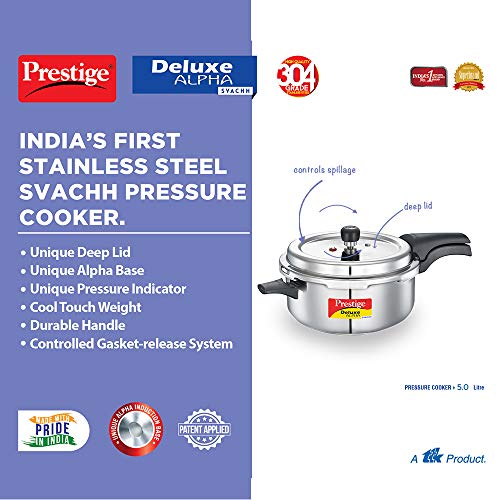 Prestige 5L Deluxe Alpha Svachh stainless steel Pressure Cooker|Outer lid|Ideal for 5-7 persons|Deep lid for spillage control|Gas & induction compatible|Silver - Image 5