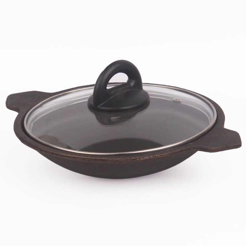 The Indus Valley Pre-Seasoned Cast Iron Appam Pan/Appachatty/Chetty Pan/Appam Patra with Glass Lid | 22 Cm/8.7 Inch, 1.5Kg | Gas Compatible | Nonstick Appam Pan, 100% Pure & Toxin-Free