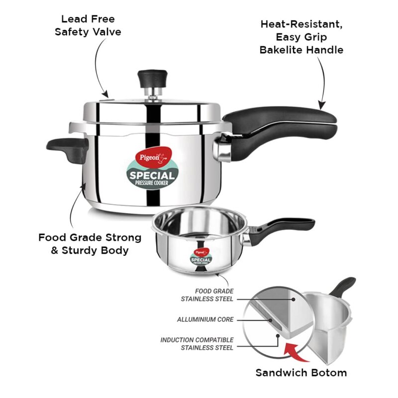 Pigeon By Stovekraft Special Stainless Steel Pressure Cooker with Outer Lid Induction and Gas Stove Compatible 2, 3, 5 Litre Capacity for Healthy Cooking (Silver) - Image 5