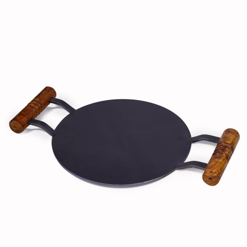 The Indus Valley Pre-Seasoned Round Iron Tawa with Wooden Handle | 12inch/30.4cm - 3.22kg | Induction Friendly | Pre-Seasoned Tawa, 100% Pure & Toxin-Free, No Chemical Coating