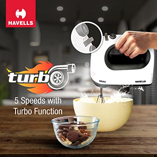 Havells Whisko 300 watt Hand Mixer with Single Eject Button, 5 Speed Turbo Function, Stainless Steel Hooks, 1.5m Long Cord, 1300 RPM & 2 Years Warranty (White Grey) - Image 13